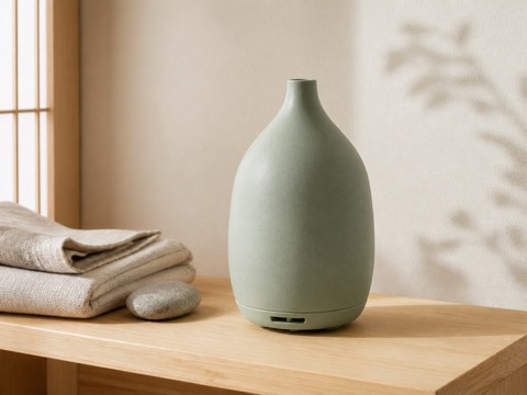 木のテーブルとリネンで、使う場所が伝わる写真。