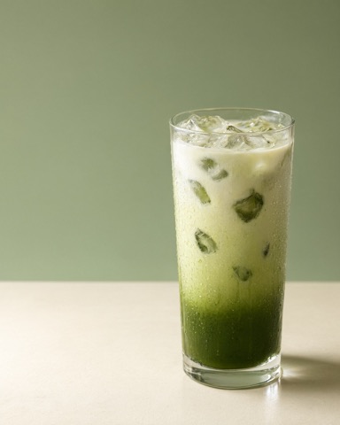 クリーム色と抹茶色でつくる、飲み物の広告。