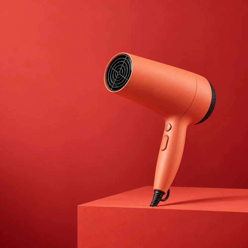 AI-generated coral hair-dryer layout illustrating room for separate promotional text