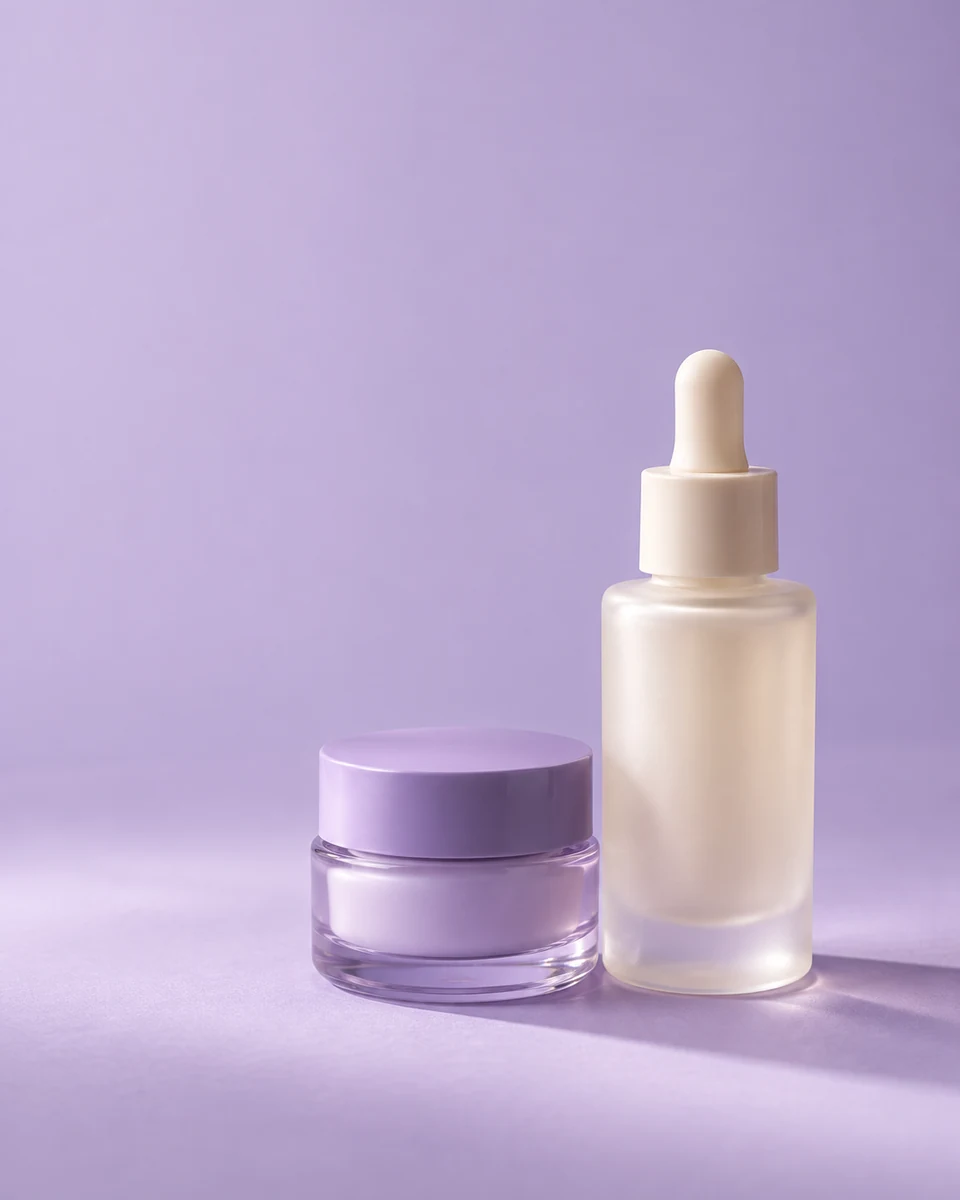 AI-generated lavender skincare advertising layout, not evidence of an actual product or ingredient