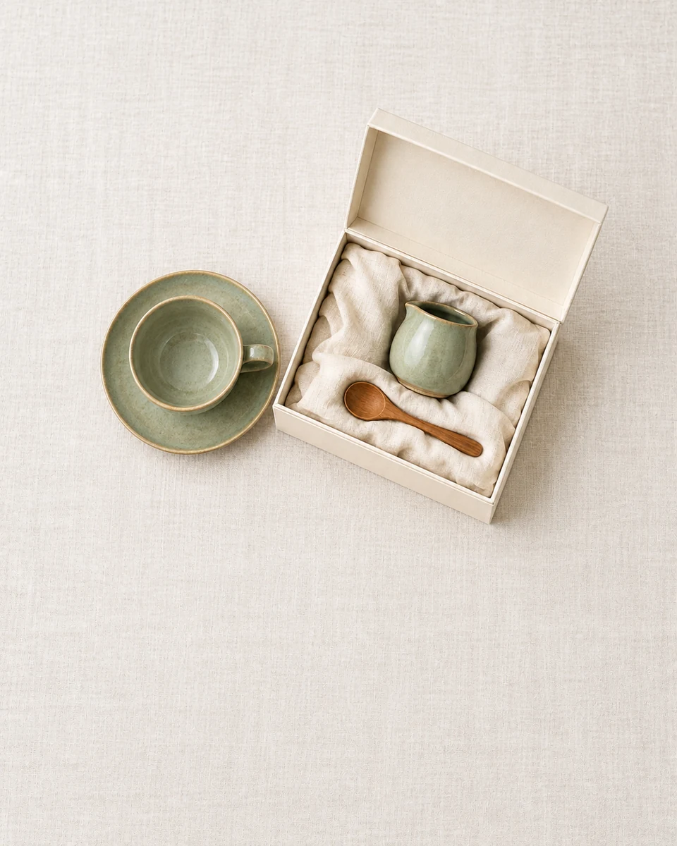 AI-generated tea-set layout illustrating separated objects; not a verified list of real package contents