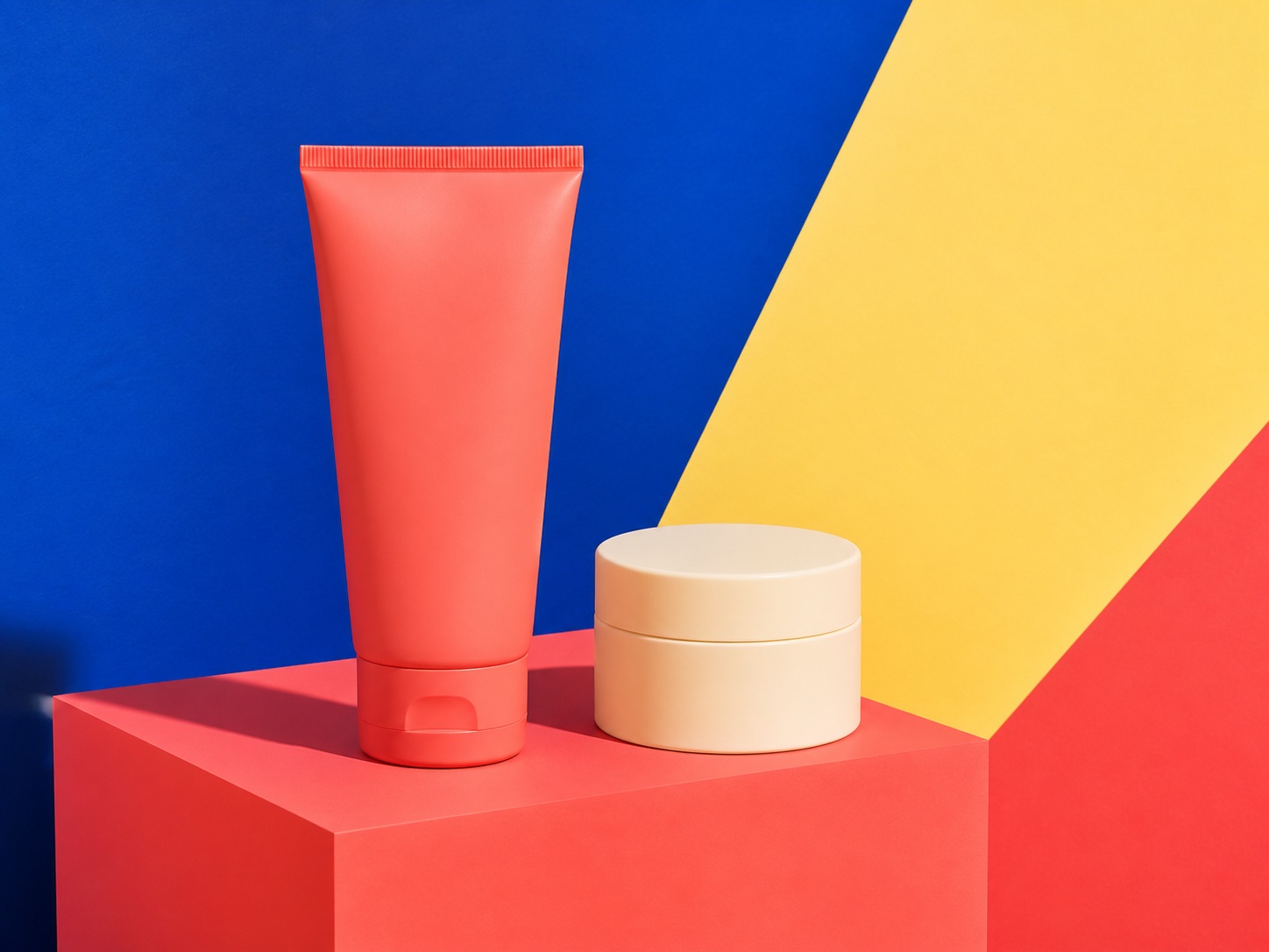 Example cosmetic container on bold color blocks and geometric plinths