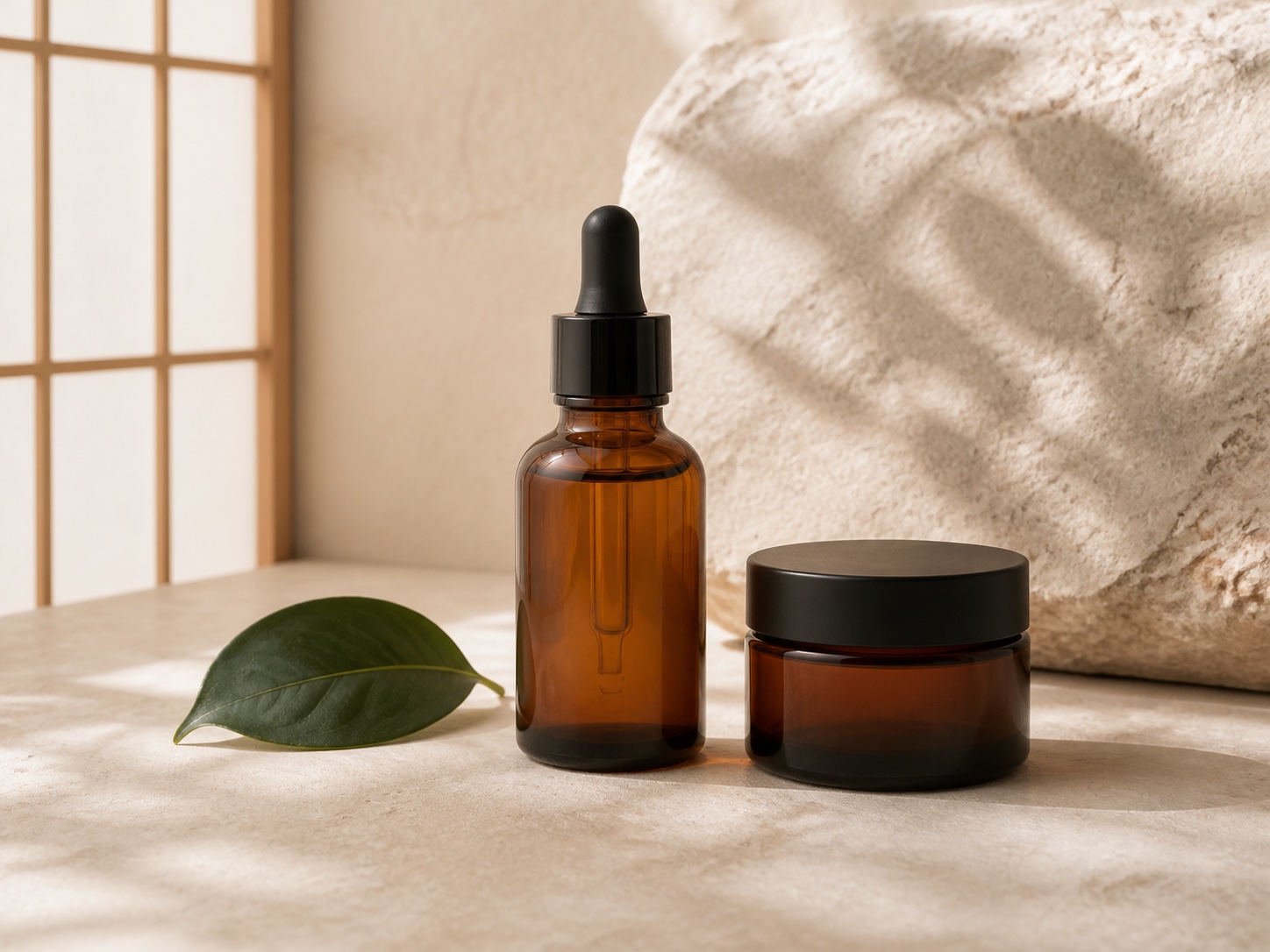 Example cosmetic container photographed in a soft natural-light studio